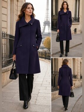 Elie Tahari Purple Wool Coat Sculptural Collar Minimalist Long Jacket L 10 12